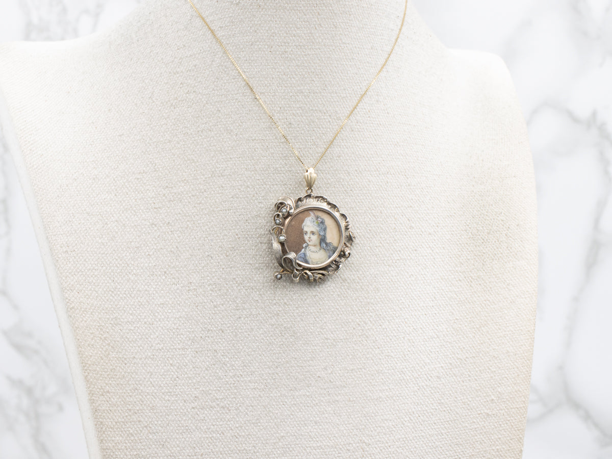 Hand-Painted Antique Miniature Portrait and Seed Pearl Pendant