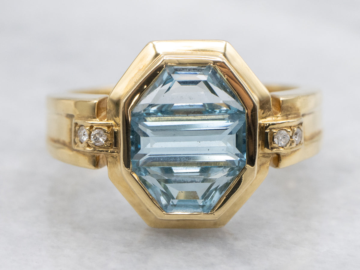 Art Deco Style Blue Topaz and Diamond Accent Ring