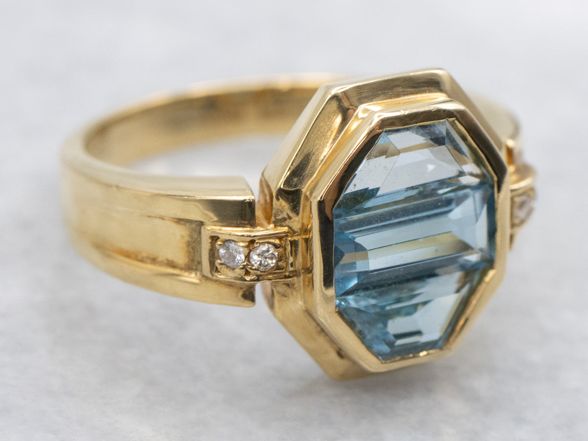 Art Deco Style Blue Topaz and Diamond Accent Ring