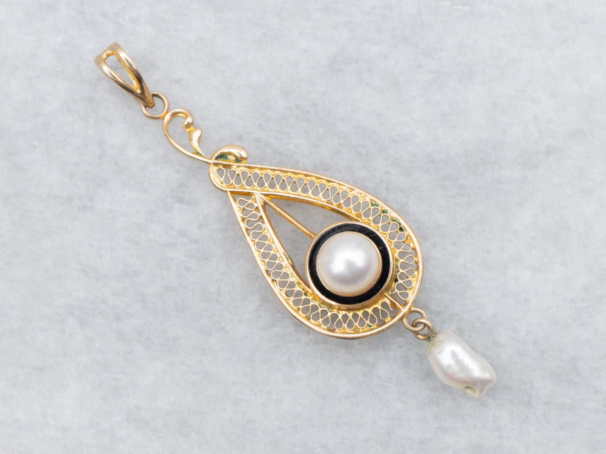 Colgante de solapa con perla de filigrana vintage y esmalte negro en oro amarillo de 10 quilates