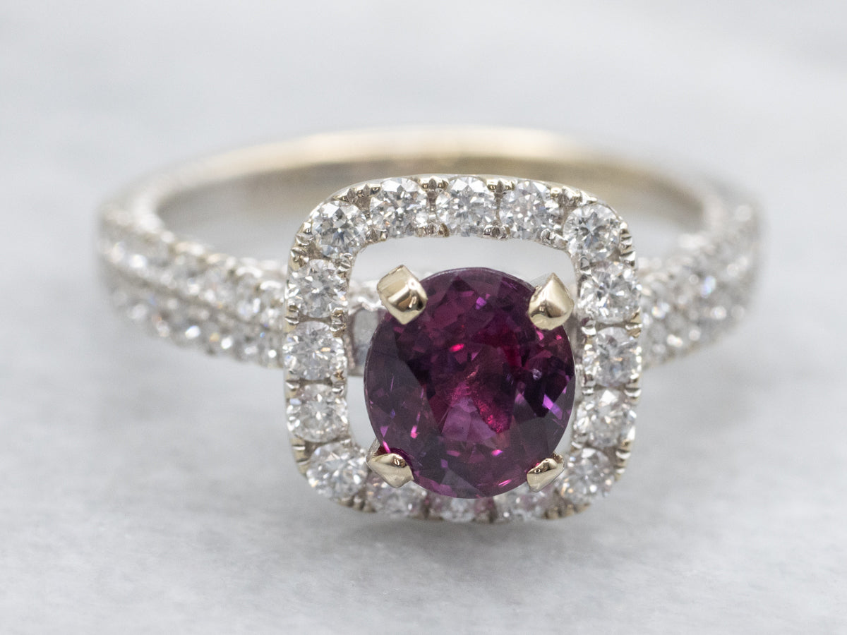Pink Sapphire Halo Engagement Ring with Hidden Filigree