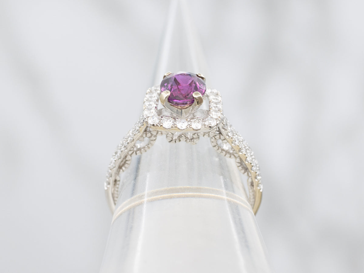Pink Sapphire Halo Engagement Ring with Hidden Filigree