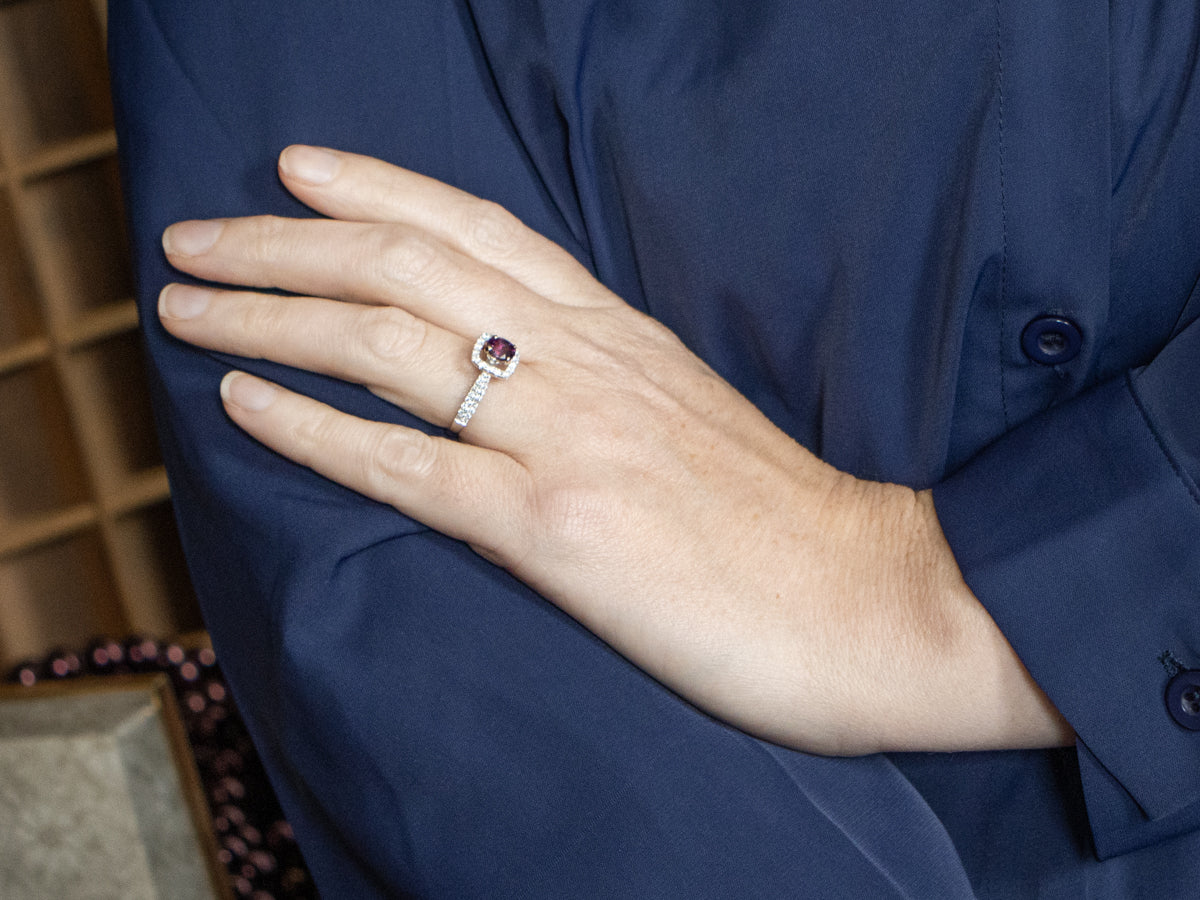 Pink Sapphire Halo Engagement Ring with Hidden Filigree