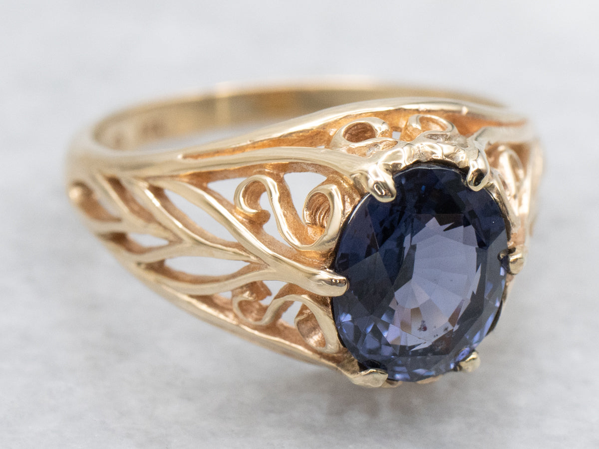 Rosy Gold and Purple Sapphire Filigree Ring for Engagement or Statement Piece