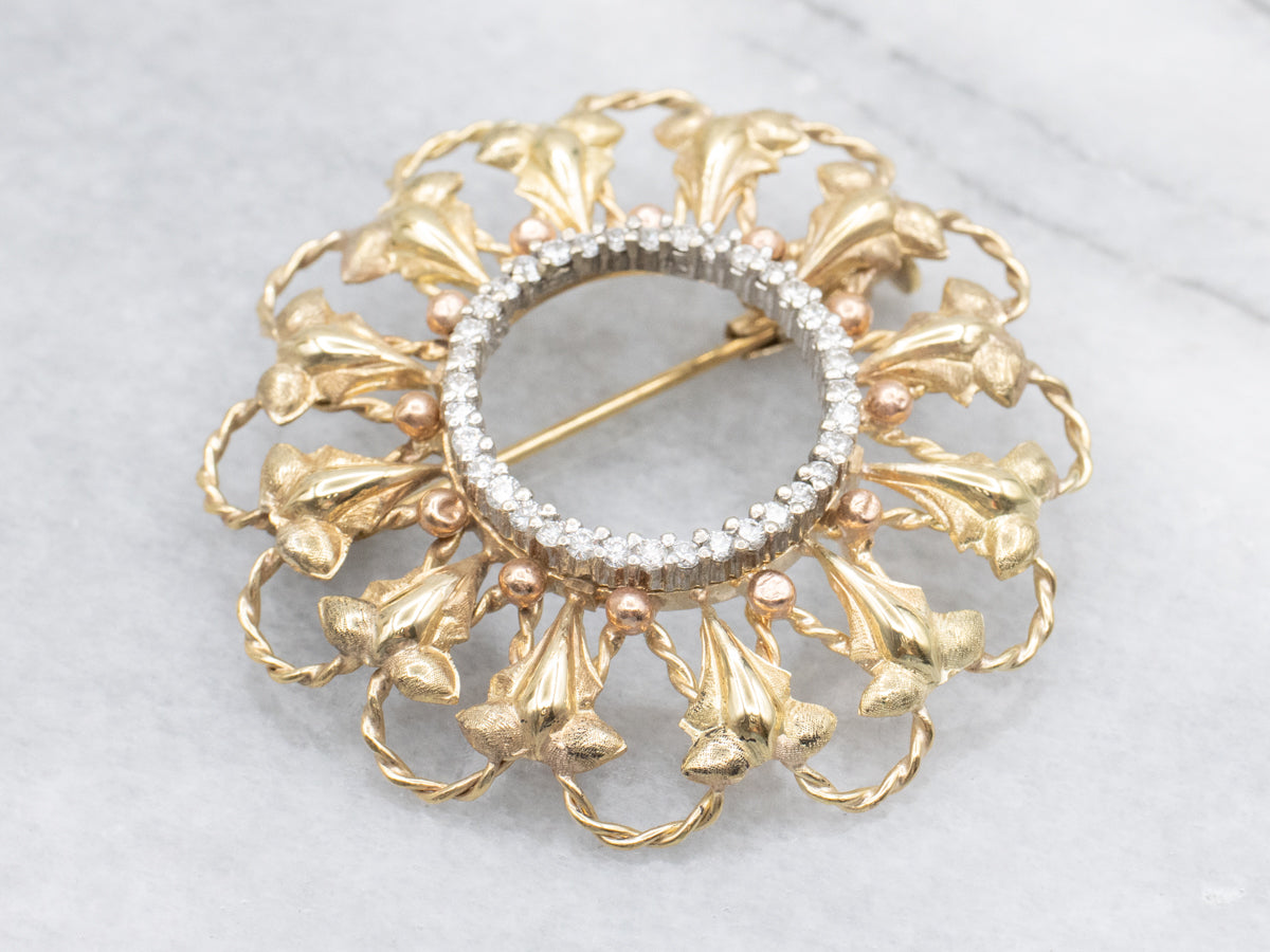 Vintage Gold and Diamond Brooch with Rose Gold Accents