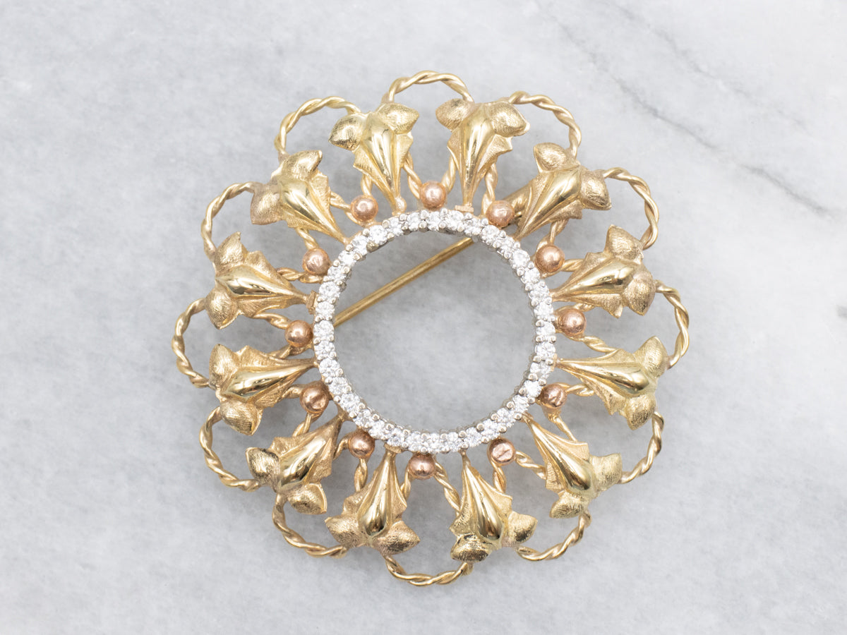 Vintage Gold and Diamond Brooch with Rose Gold Accents