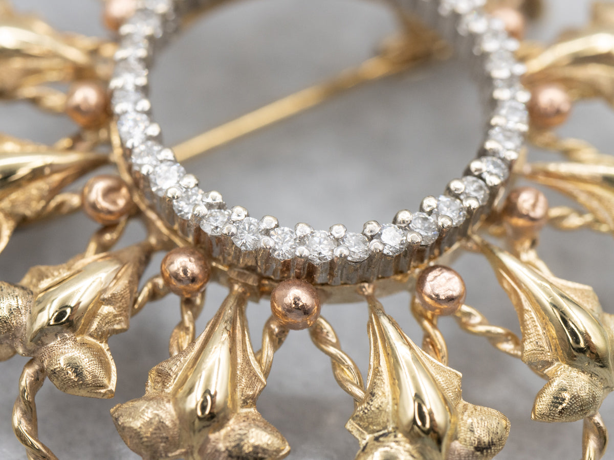 Vintage Gold and Diamond Brooch with Rose Gold Accents