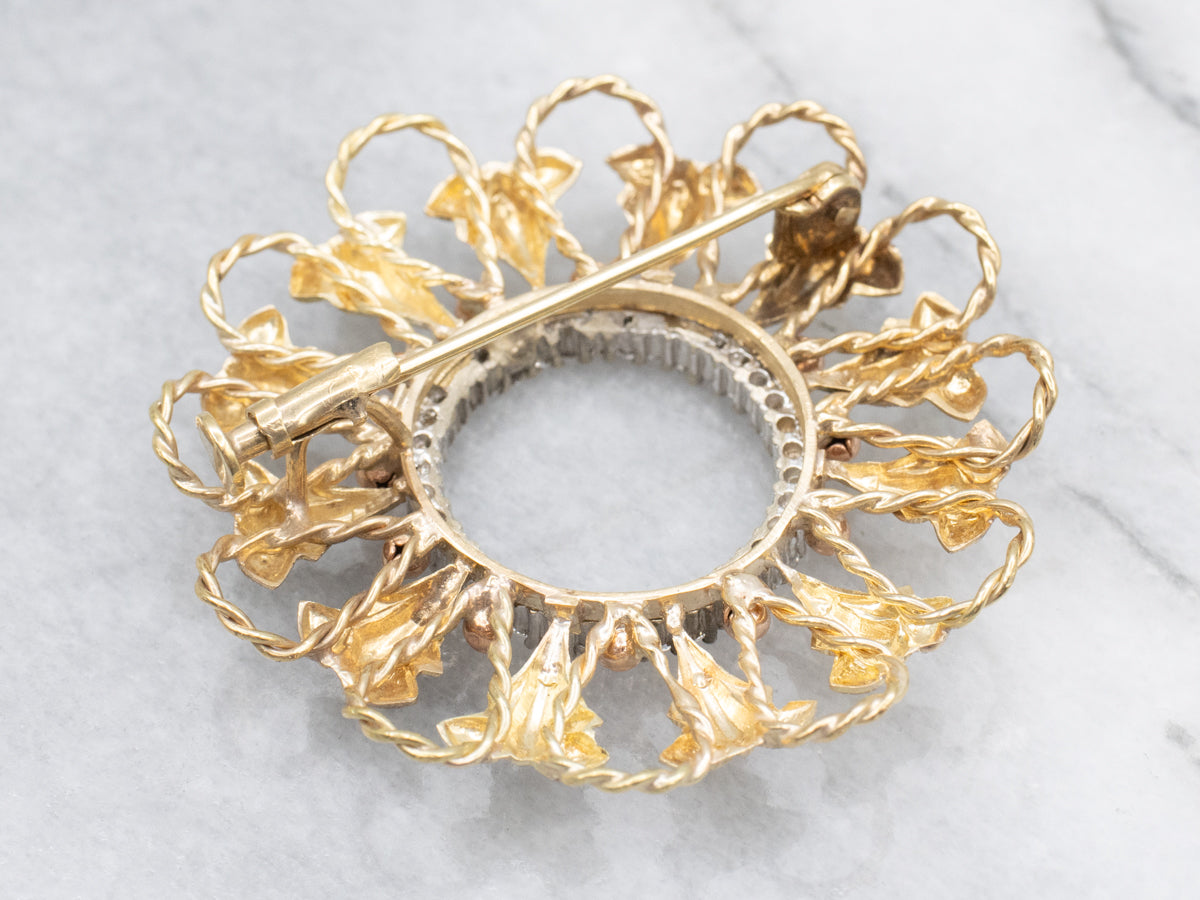 Vintage Gold and Diamond Brooch with Rose Gold Accents