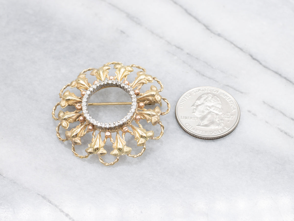 Vintage Gold and Diamond Brooch with Rose Gold Accents