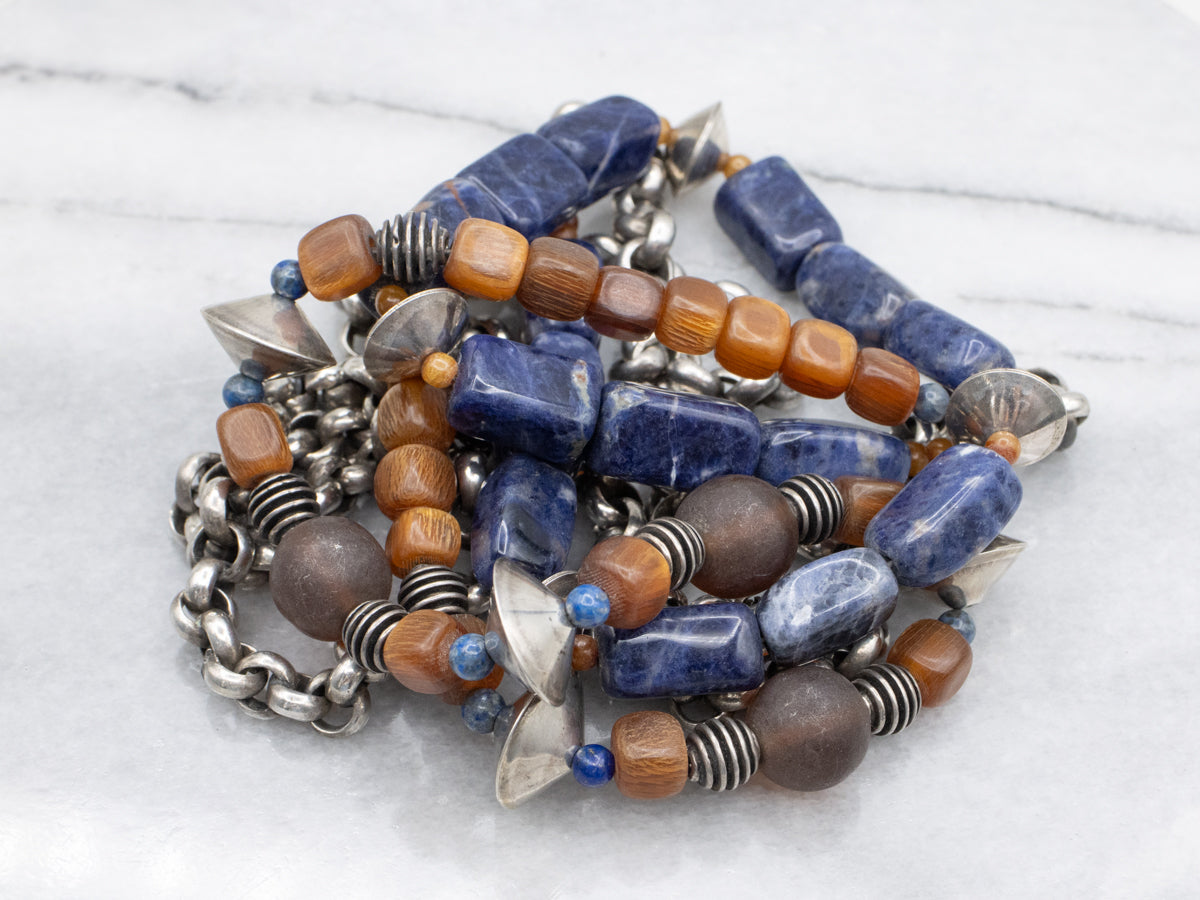 Sodalite and Glass Beaded Antique Silver Necklace