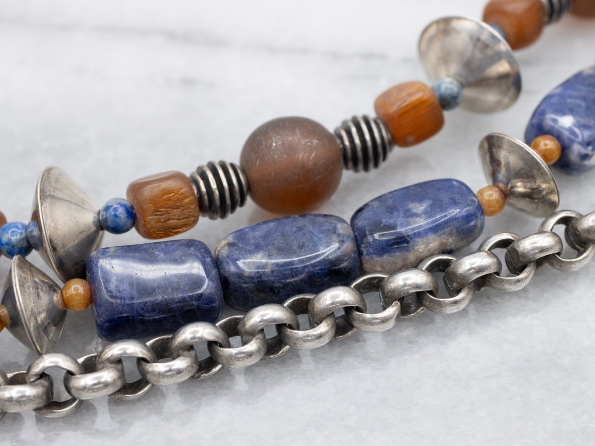 Sodalite and Glass Beaded Antique Silver Necklace