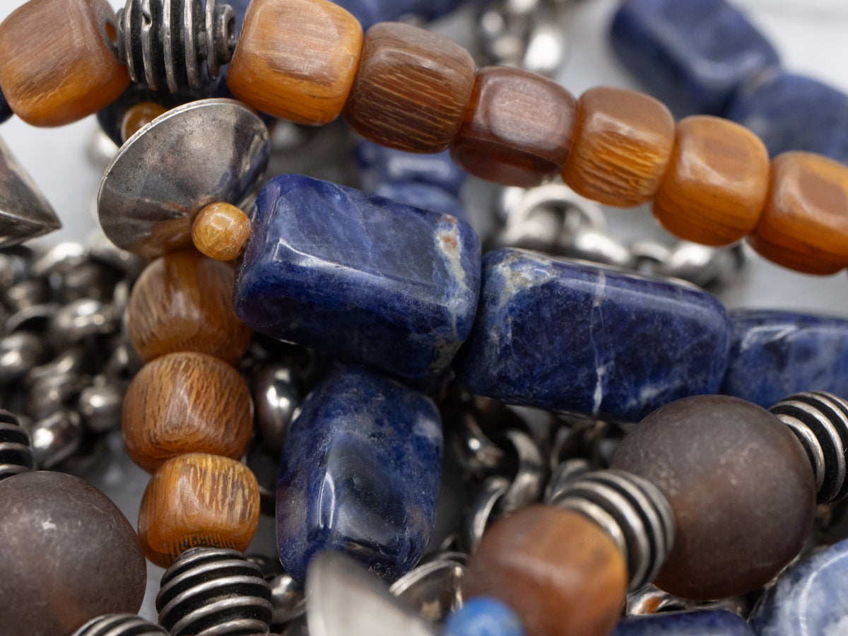 Sodalite and Glass Beaded Antique Silver Necklace
