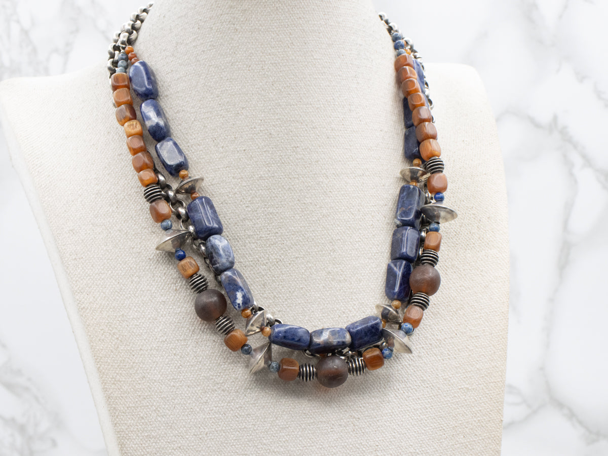 Sodalite and Glass Beaded Antique Silver Necklace