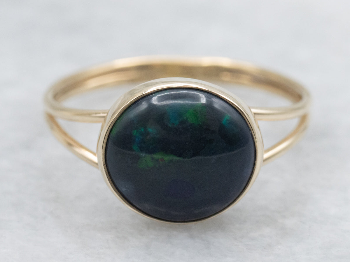 *RESERVED* Bezel Set Australian Black Opal Split Shoulder Gold Ring