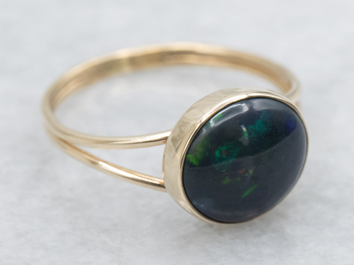 *RESERVED* Bezel Set Australian Black Opal Split Shoulder Gold Ring
