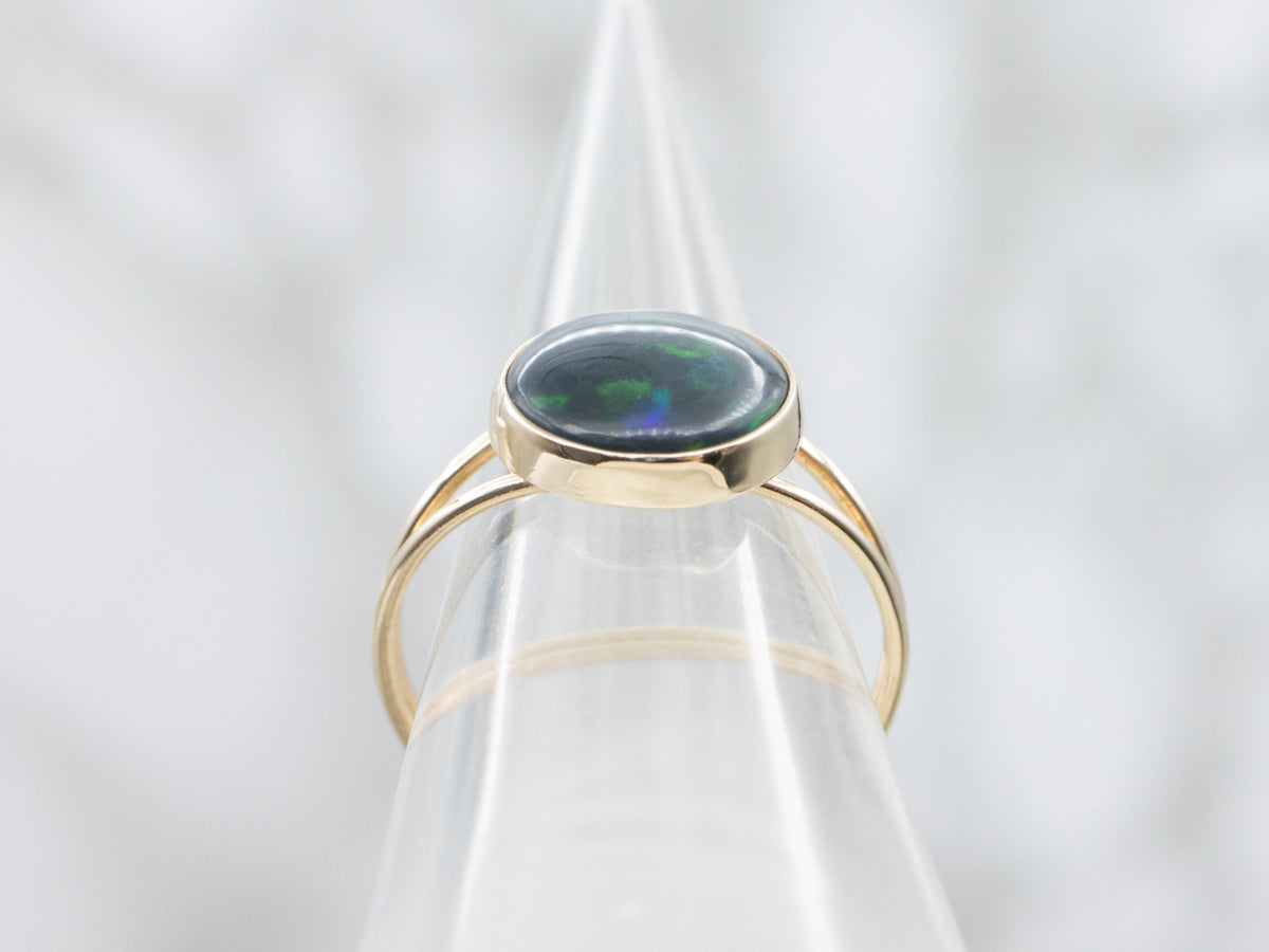 *RESERVED* Bezel Set Australian Black Opal Split Shoulder Gold Ring