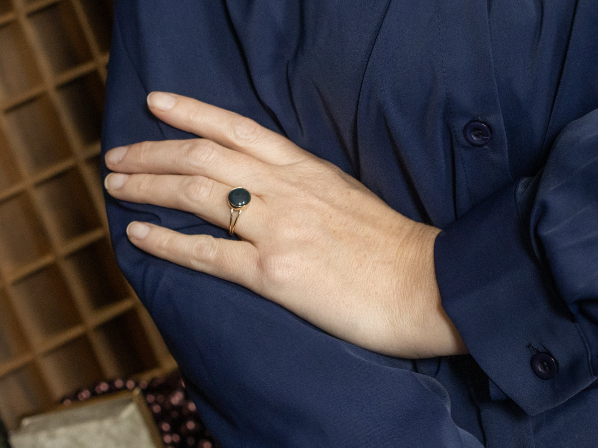 *RESERVED* Bezel Set Australian Black Opal Split Shoulder Gold Ring