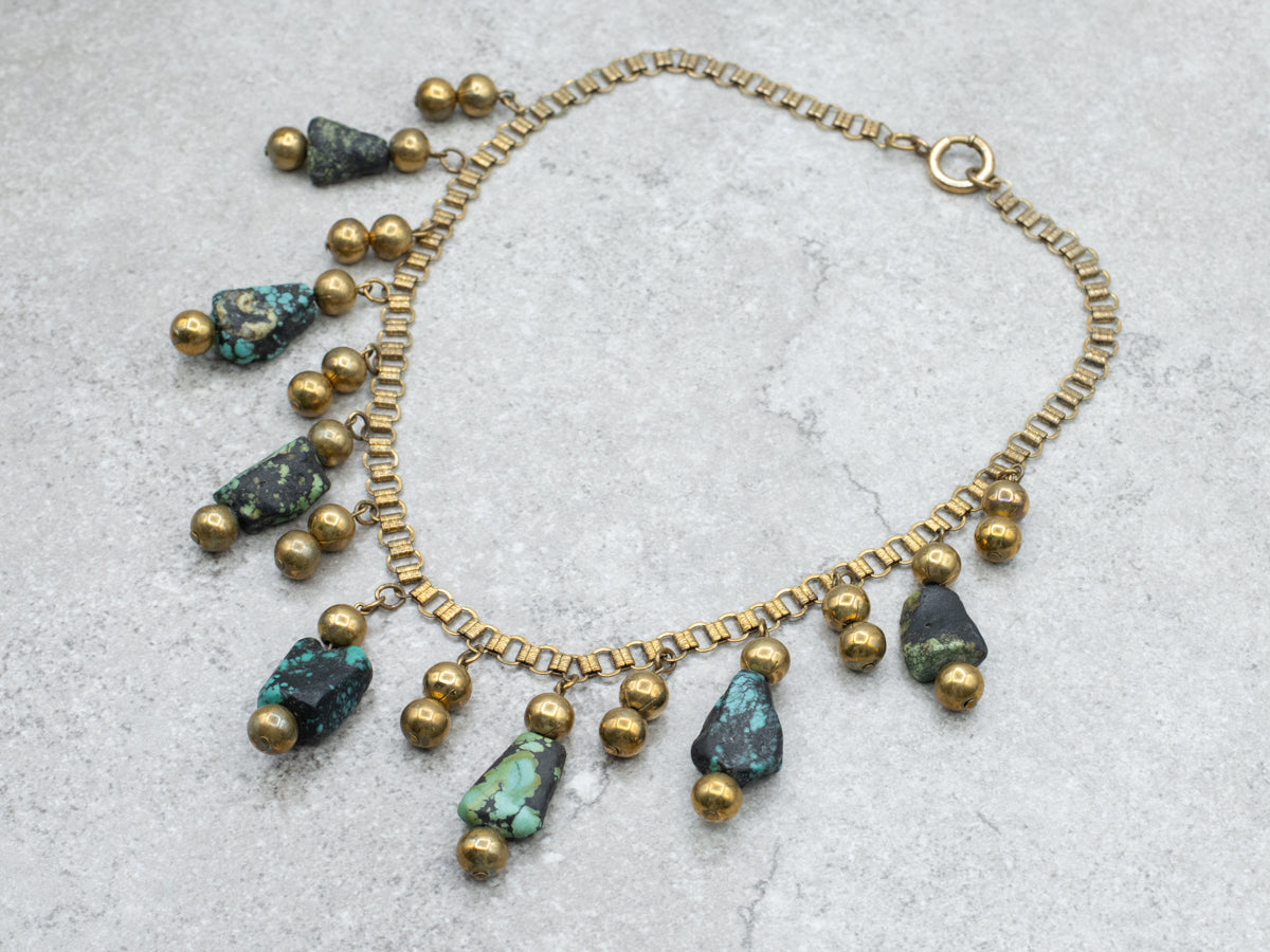 Vintage Gold Fill Beaded Turquoise Nugget Necklace with Etched Links