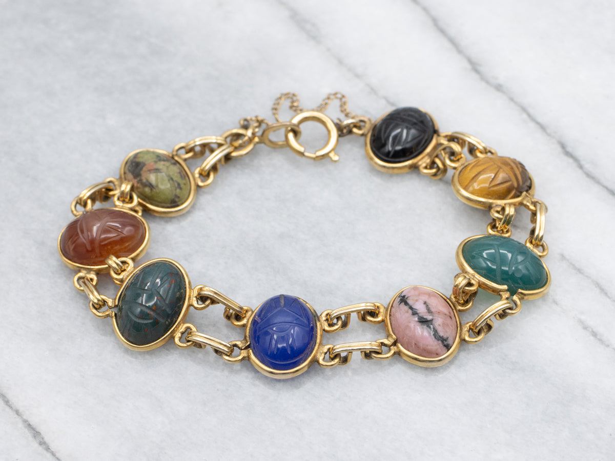 Vintage Gold Filled Carved Multi-Gem Scarab Beetle Bracelet
