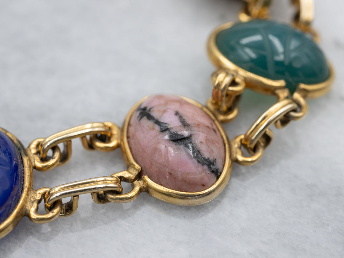 Vintage Gold Filled Carved Multi-Gem Scarab Beetle Bracelet