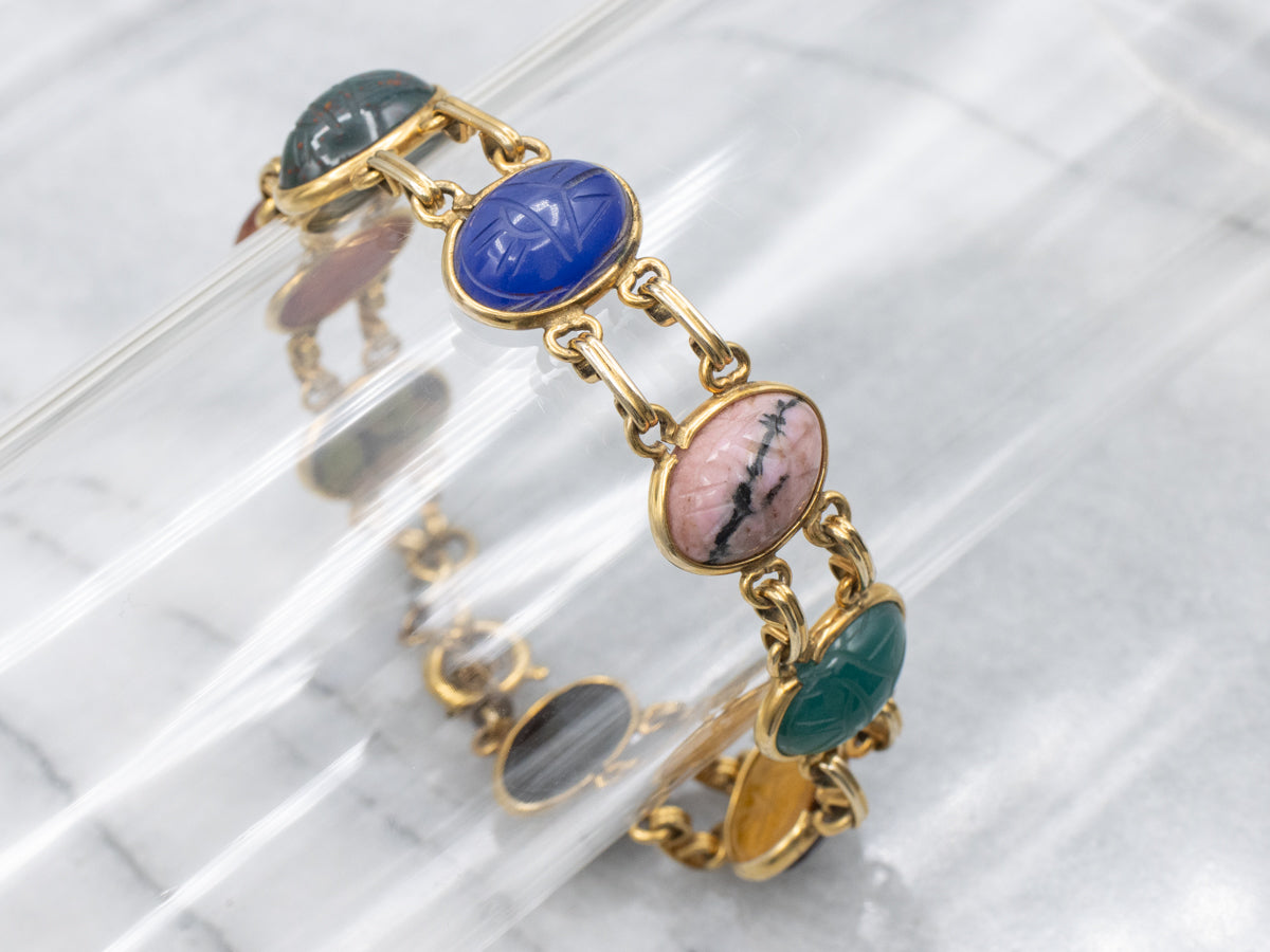 Vintage Gold Filled Carved Multi-Gem Scarab Beetle Bracelet