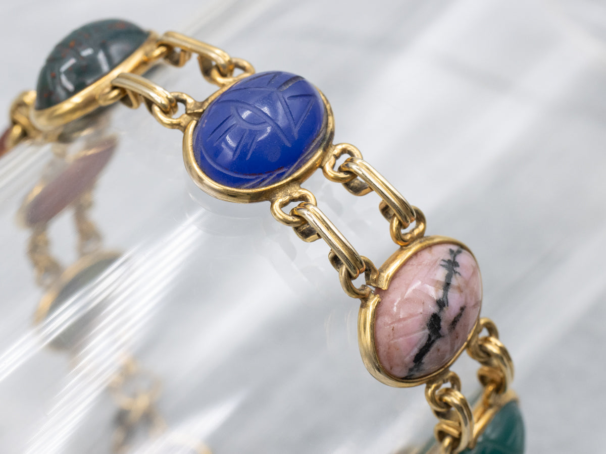 Vintage Gold Filled Carved Multi-Gem Scarab Beetle Bracelet