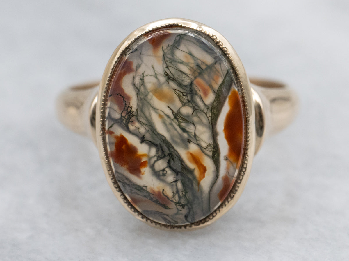 Beautiful Carnelian Moss Agate Ring in Rosy Gold