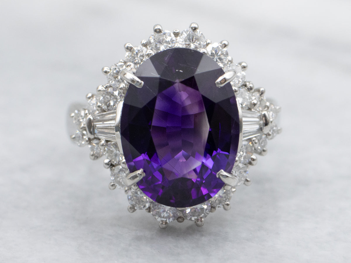 Amethyst and Diamond Halo Platinum Statement Ring
