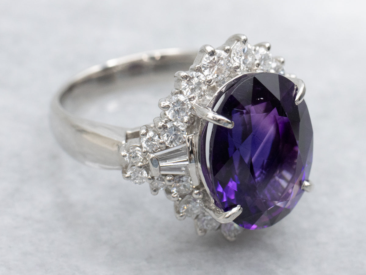 Amethyst and Diamond Halo Platinum Statement Ring
