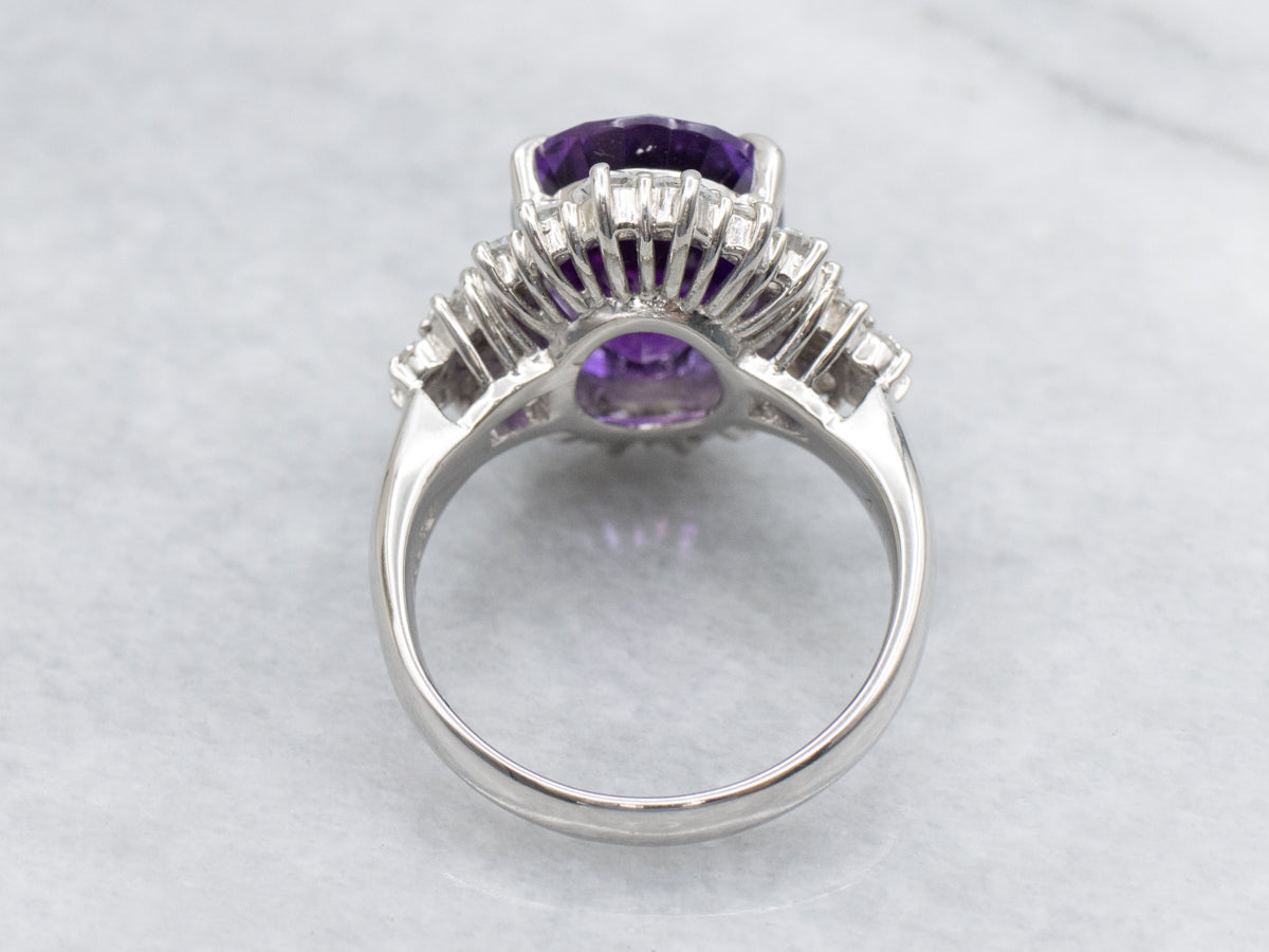 Amethyst and Diamond Halo Platinum Statement Ring