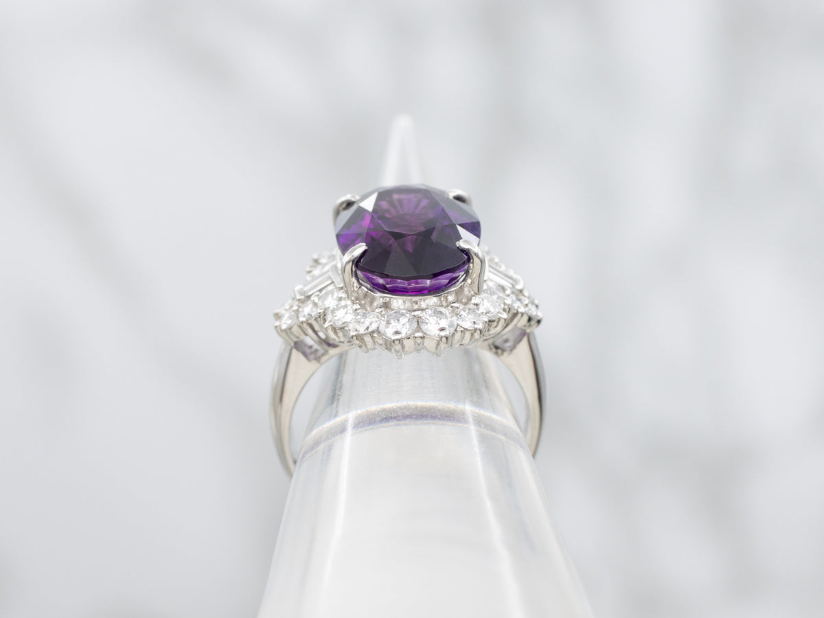 Amethyst and Diamond Halo Platinum Statement Ring