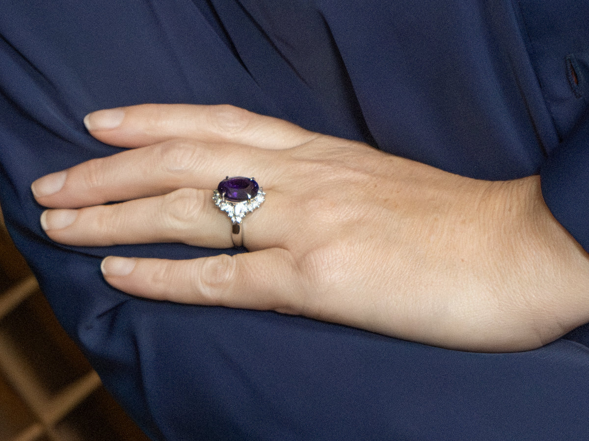 Amethyst and Diamond Halo Platinum Statement Ring