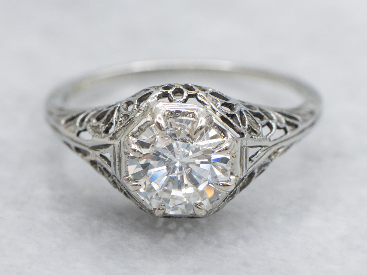 Art Deco 18K White Gold Diamond .90 Carat Solitaire Engagement Ring