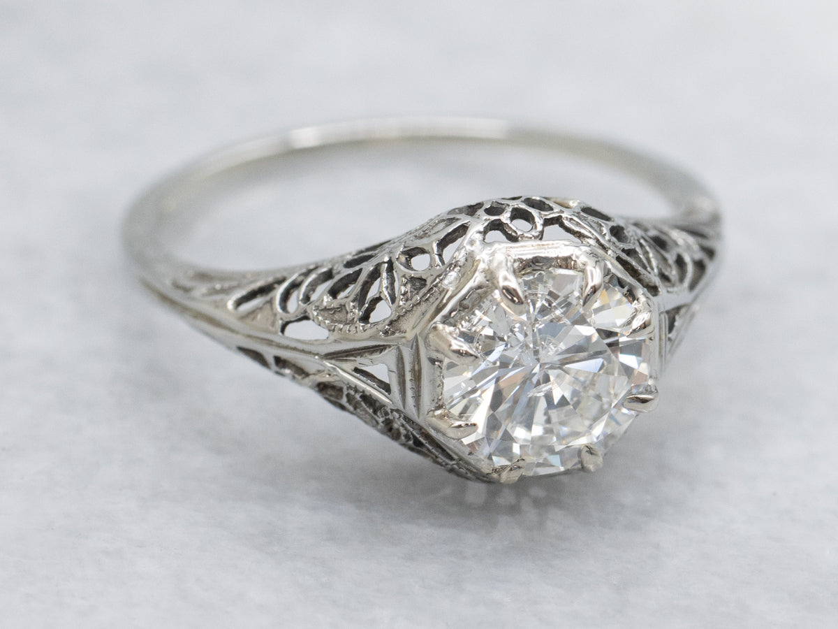 Art Deco 18K White Gold Diamond .90 Carat Solitaire Engagement Ring