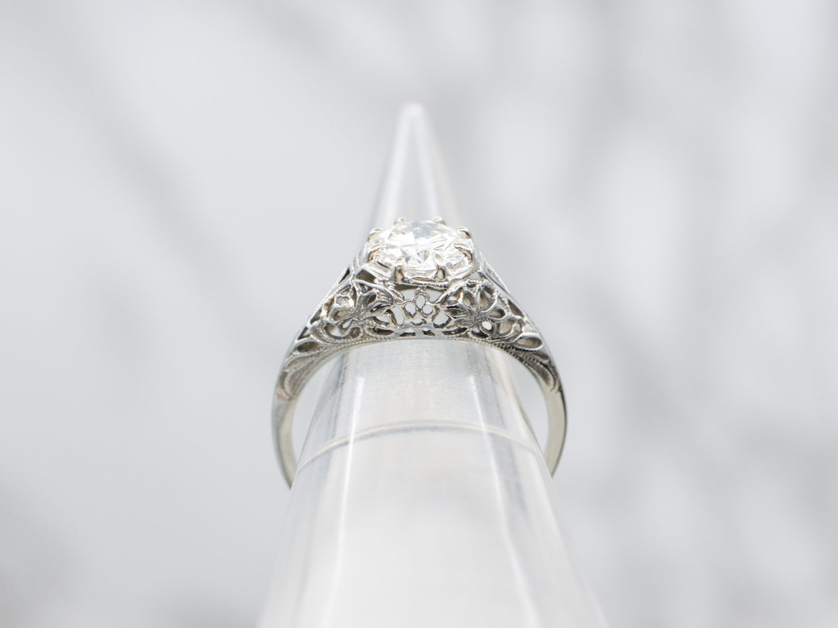 Art Deco 18K White Gold Diamond .90 Carat Solitaire Engagement Ring