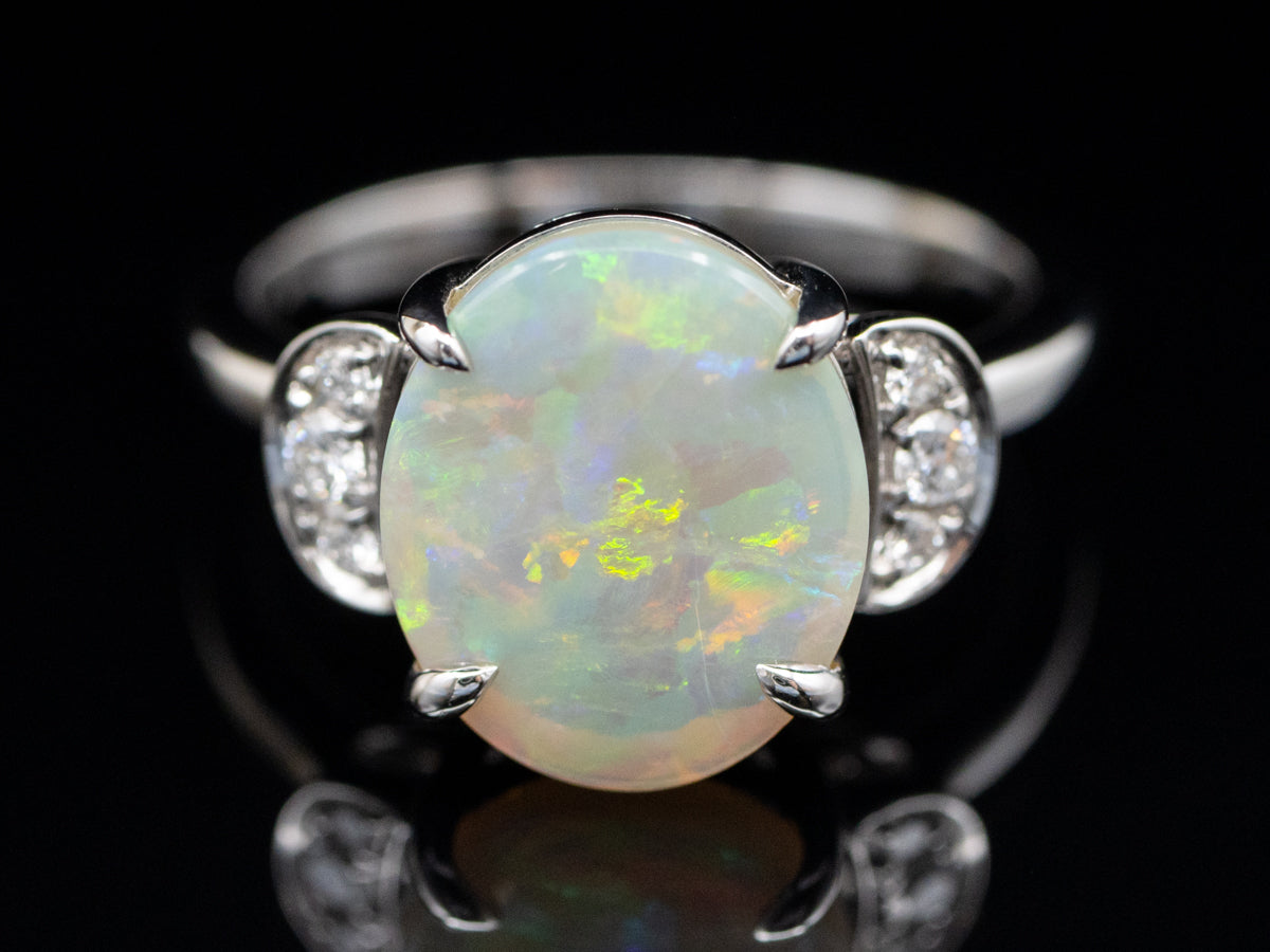 14K White Gold Opal Oval and Diamond Accent Ring