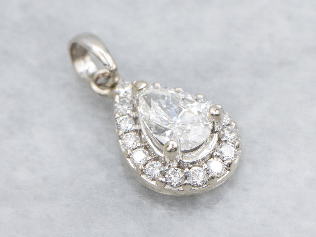 14K White Gold Teardrop Diamond Halo Pendant