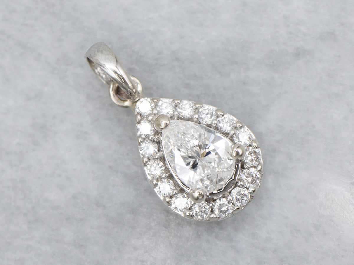 14K White Gold Teardrop Diamond Halo Pendant