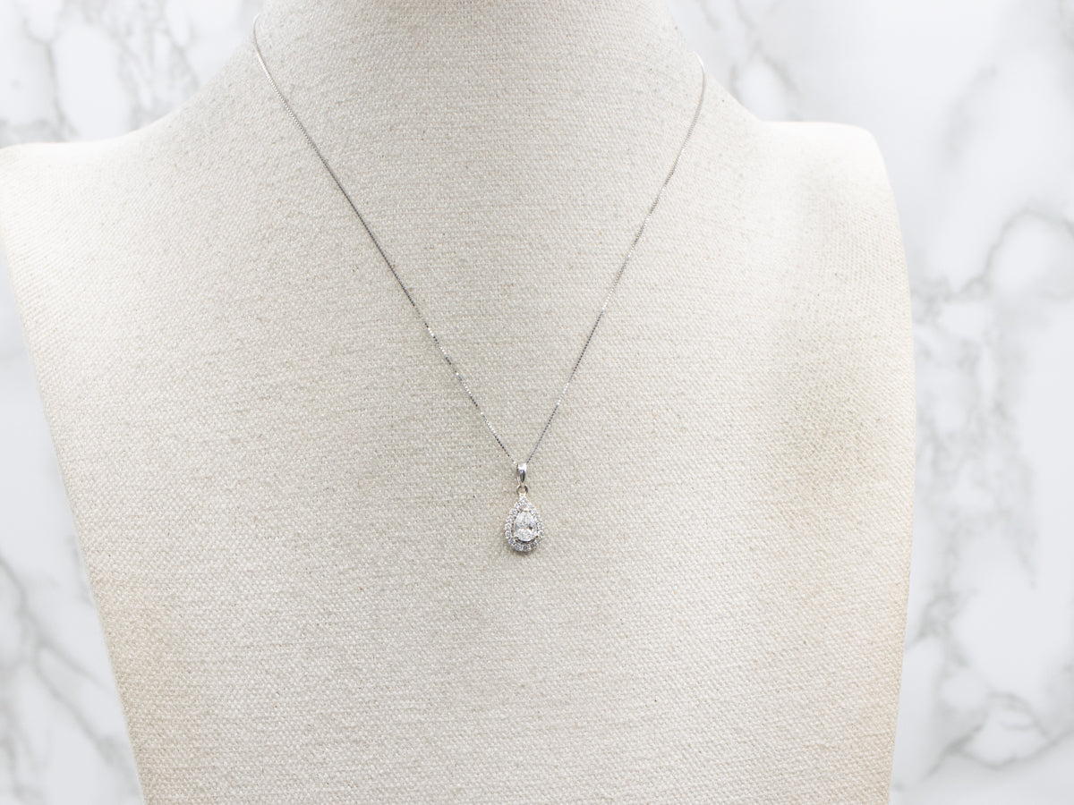 14K White Gold Teardrop Diamond Halo Pendant