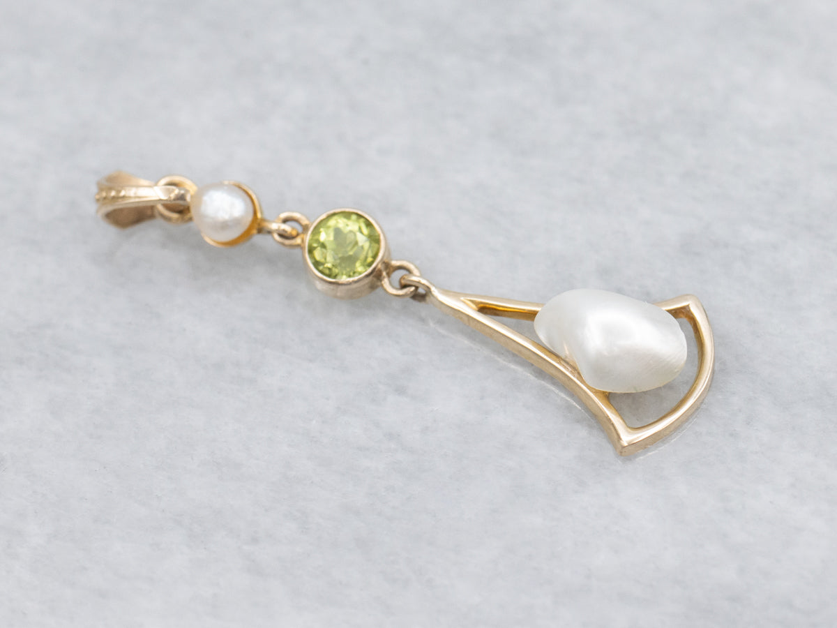 Peridot And Pearl Antique Gold Lavalier Pendant
