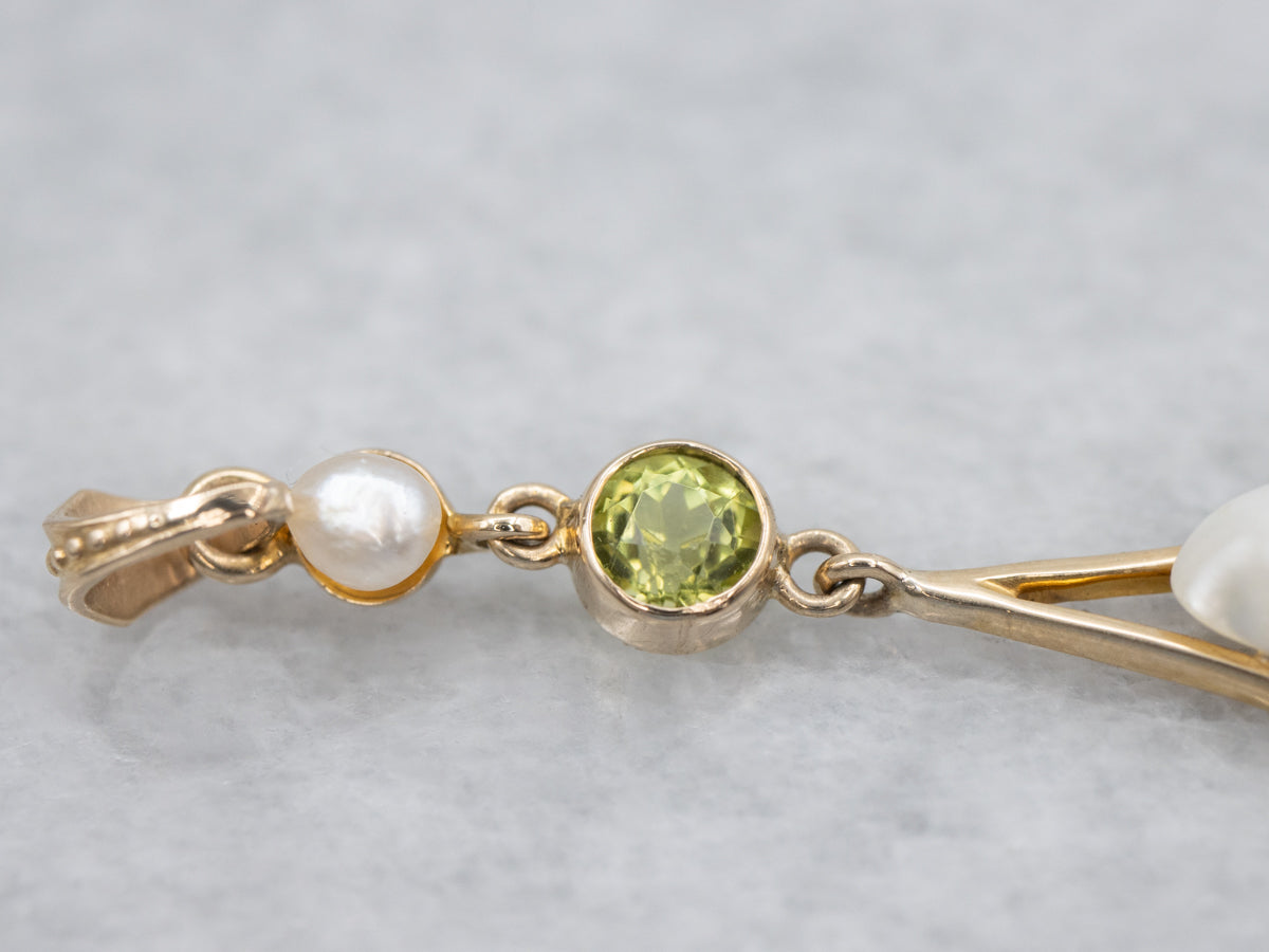 Peridot And Pearl Antique Gold Lavalier Pendant