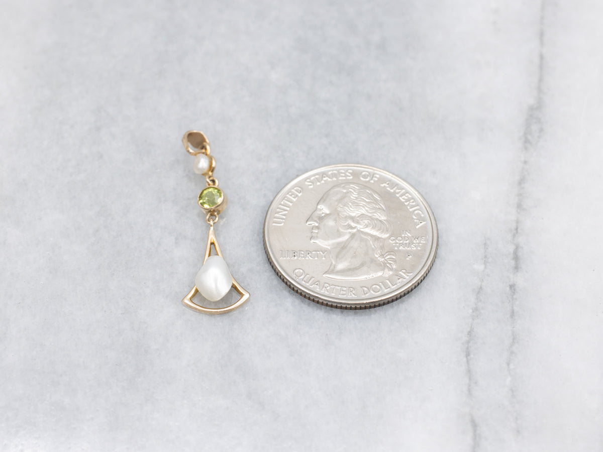 Peridot And Pearl Antique Gold Lavalier Pendant