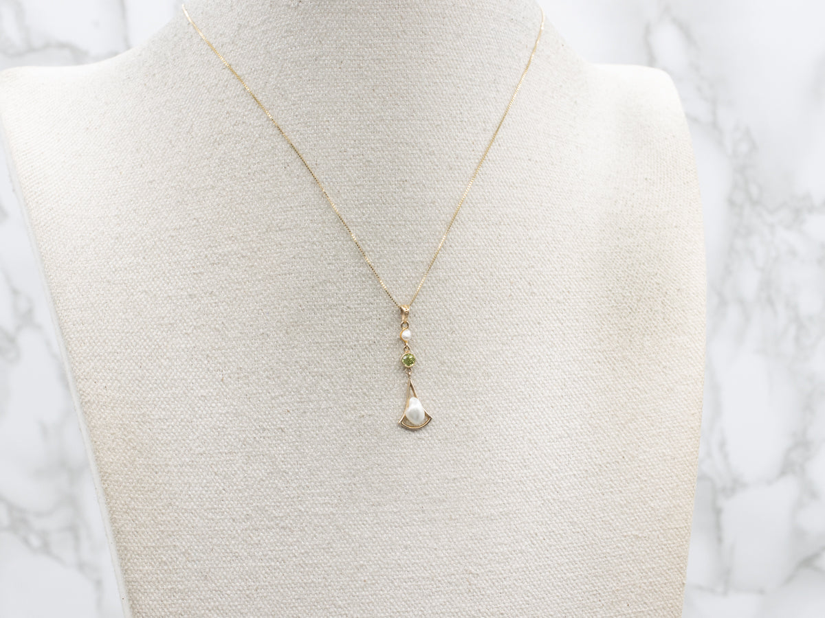 Peridot And Pearl Antique Gold Lavalier Pendant