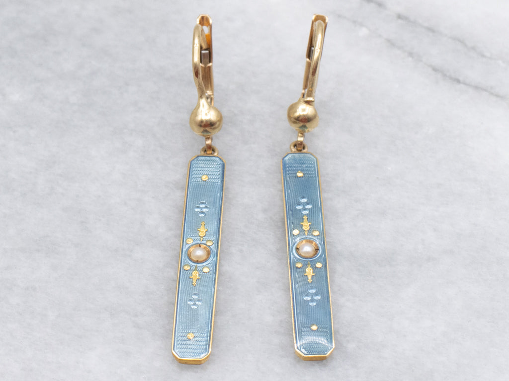 Antique Blue Enamel and Seed Pearl Bar Drop Earrings