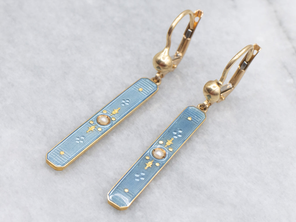 Antique Blue Enamel and Seed Pearl Bar Drop Earrings