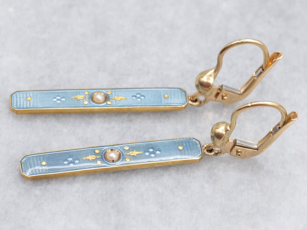 Antique Blue Enamel and Seed Pearl Bar Drop Earrings