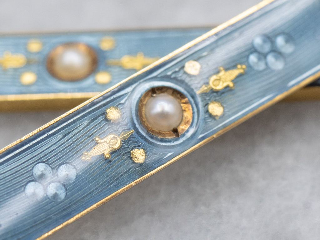 Antique Blue Enamel and Seed Pearl Bar Drop Earrings