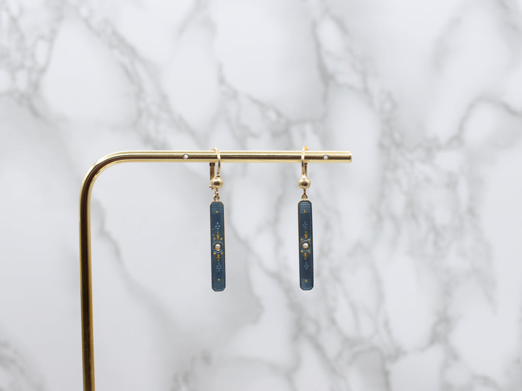 Antique Blue Enamel and Seed Pearl Bar Drop Earrings