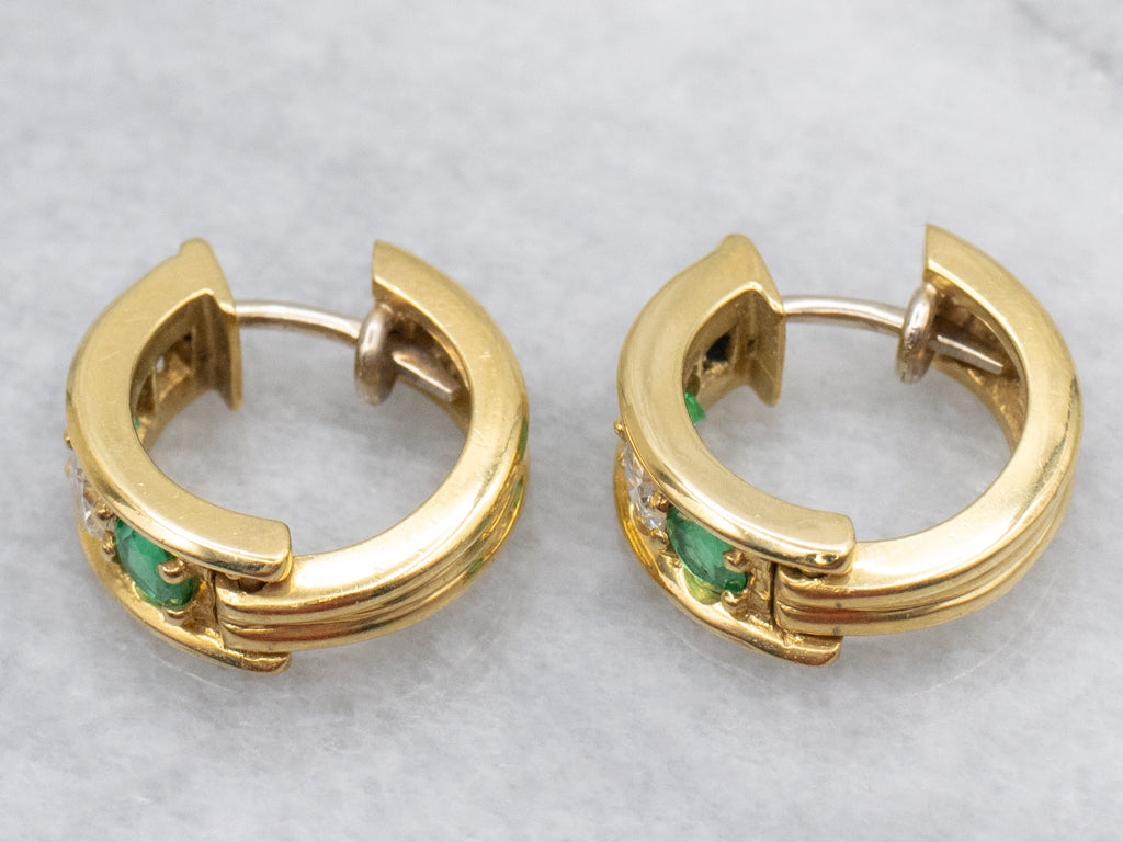 Vintage 18-Karat Gold Emerald and Diamond Huggie Hoop Earrings