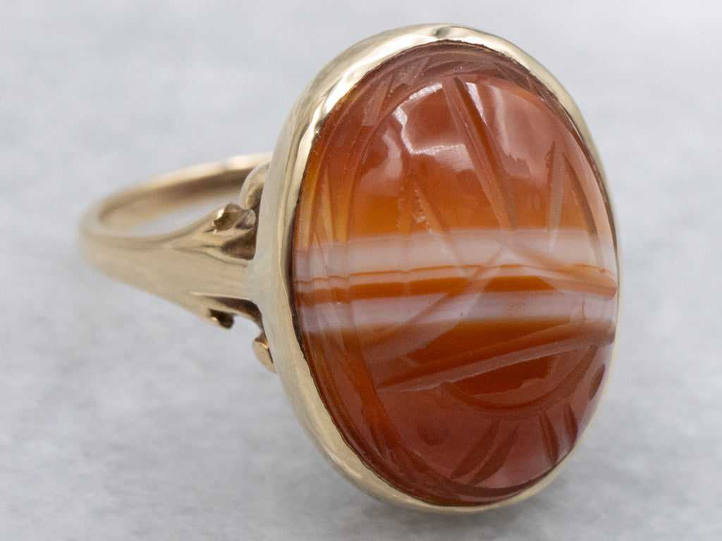 Vintage Carved Banded Agate Scarab Beetle Ring